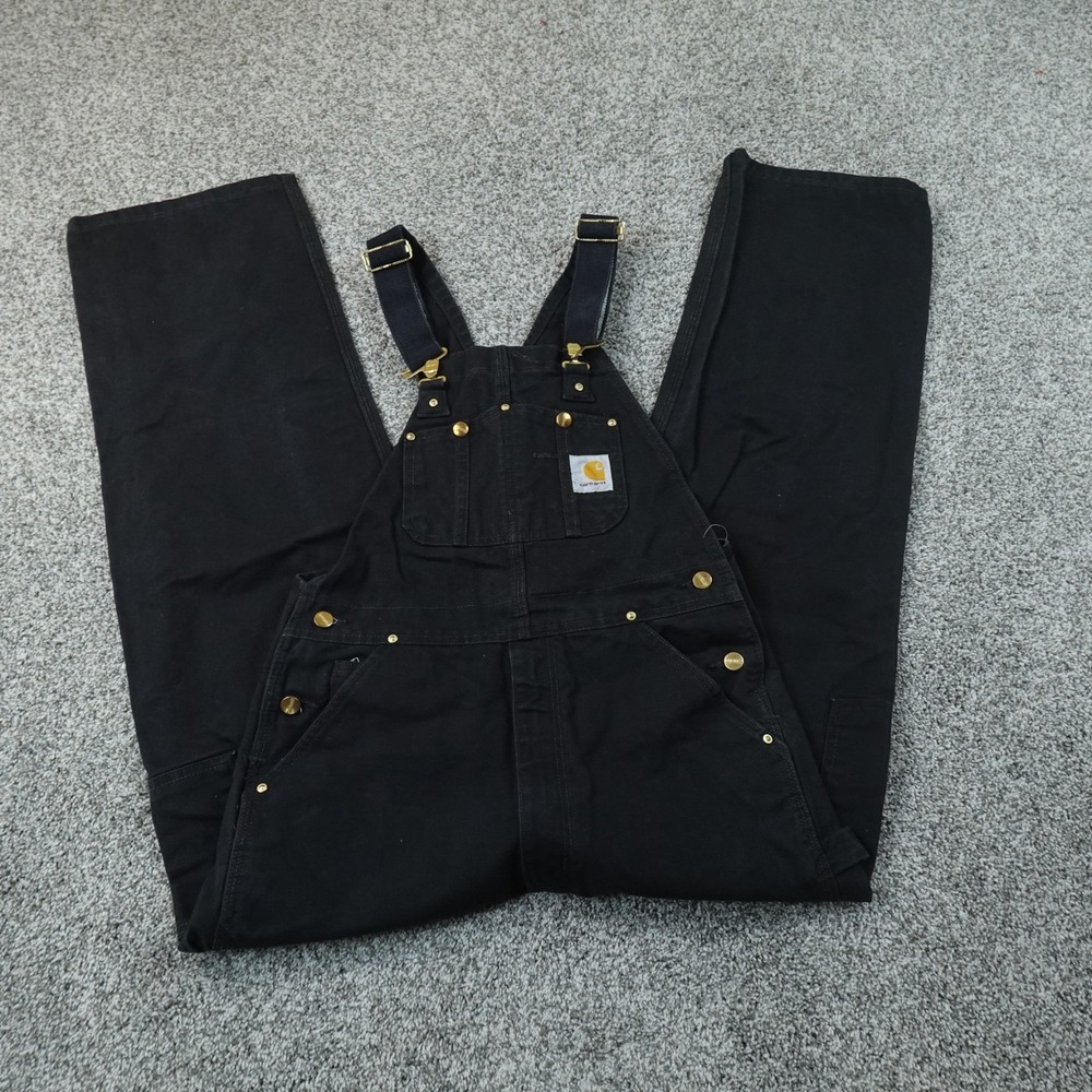 Carhartt Bib Overalls Mens 32X32 Black Double Knee Duck Canvas Work Farm R01 BLK